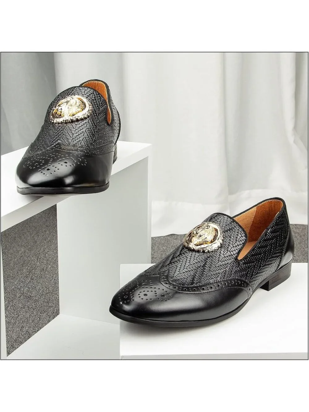 JITAI Men's Black01 Rubber Loafer Metal Lion Head Buckle Comfortable Party Shoes